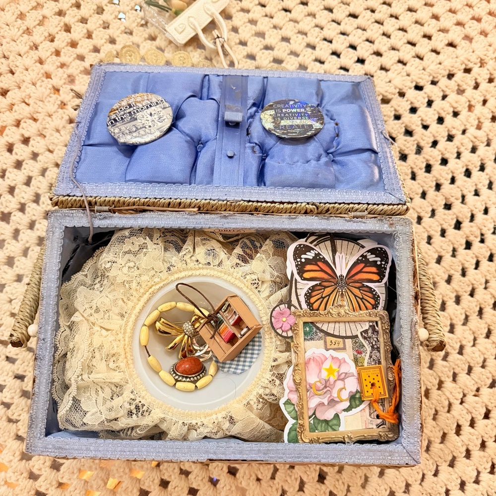 Castles & Curios™️ Vintage Heirloom Sewing Basket Artistic Healing Ephemera Box